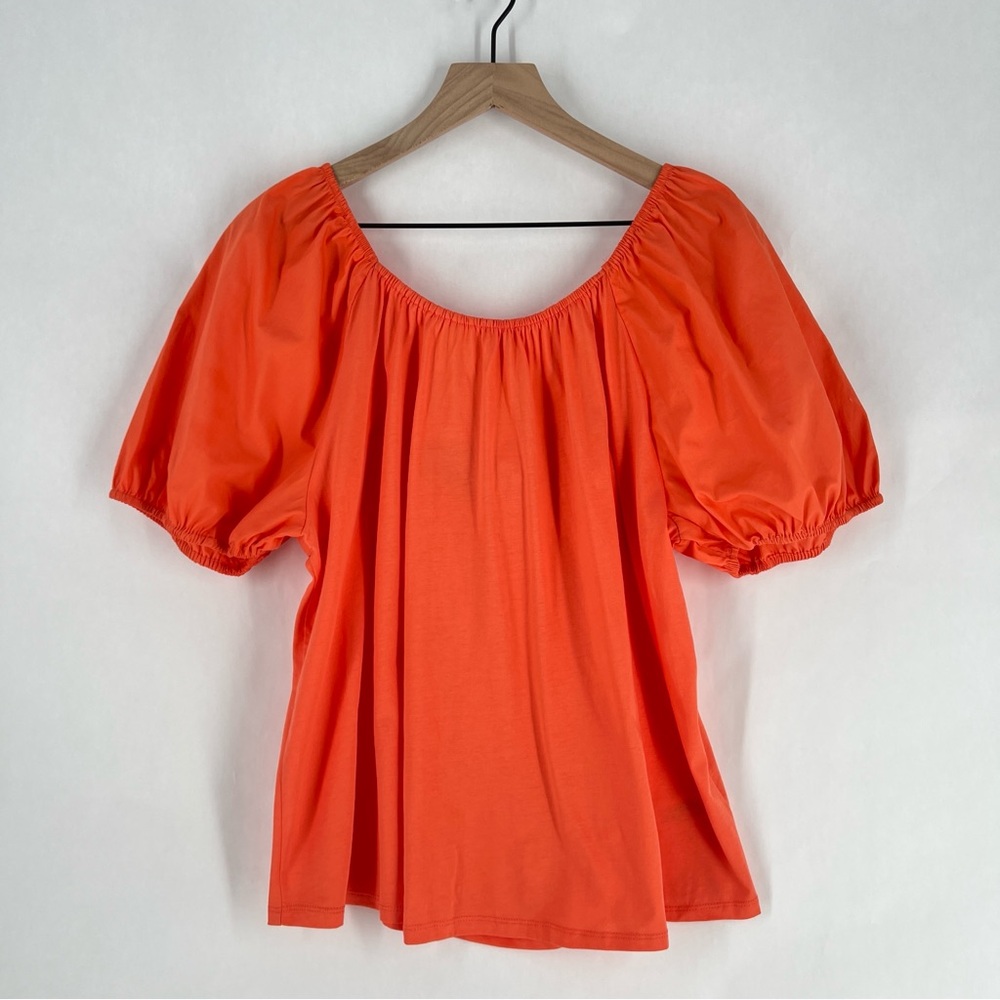A New Day Orange Cotton Short Puff Sleeve Tie Back Bow Top Size XL